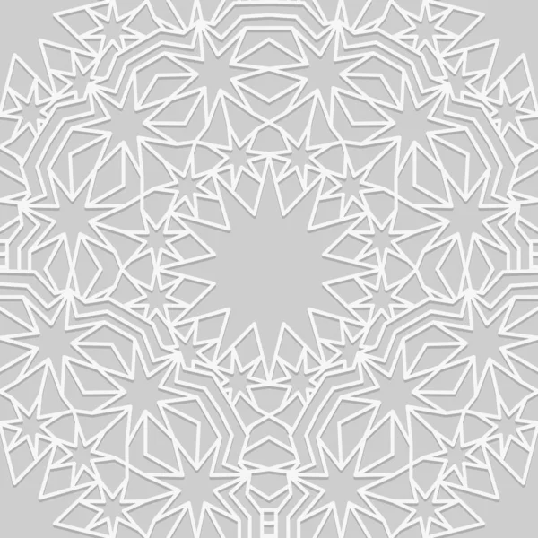 Patrón de azulejos sin costura en estilo árabe tradicional. Fondo geométrico lineal del ornamento musulmán. Blanco sobre la paleta de colores gris — Vector de stock