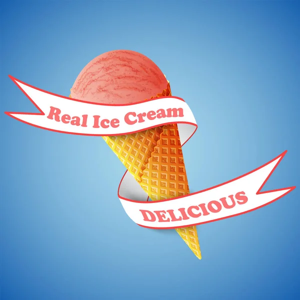Конус ягодного мороженого изолирован на синем фоне. Ленточный баннер вокруг мороженого . — стоковый вектор