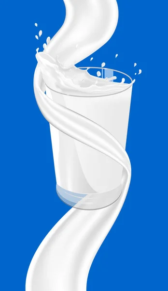 Ρεαλιστικό ποτήρι νοστιμότατο γάλα με πιτσιλιές και πιτσιλιές. Γάλα ή κρέμα στροβιλισμού ρίχνει κάτω απομονωμένο σε ένα μπλε φόντο. Στοιχεία για το πρότυπο διαφήμισης — Διανυσματικό Αρχείο