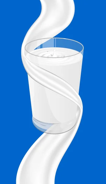 在一个现实的杯子里，美味的牛奶。 牛奶或奶油漩涡倾泻下来,呈蓝色背景. 各种设计需要的要素. — 图库矢量图片