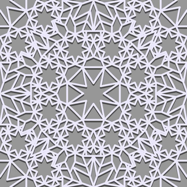 Tapeta, bezproblemowy wzór do ciągłego powielania w stylu islamskim. Płynne tło. Szare i białe tekstury z czteroramiennymi gwiazdami. Arabski linia sztuka tło — Wektor stockowy