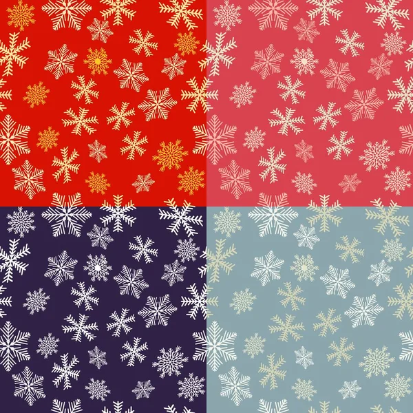 Set of Seamless pattern of snowflakes on a red, blue, pink and grey background. — Stock Vector