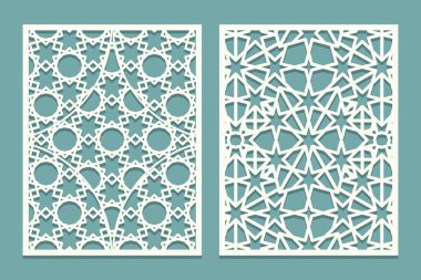 Öl ve lazerle süsleme panellerini Arap geometrik süsüsüyle kes. Lazer, dekoratif dantel kalıplarını kesiyor. Düğün Davetiyesi ya da tebrik kartı şablonları.
