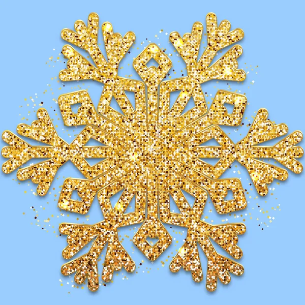Golden Christmas snowflake isolated on blue background with golden confetti. Snow flake Shining particles decor for greeting card or invitation — Stock Vector