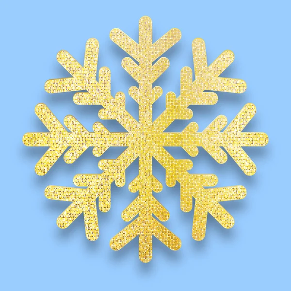 Brillo dorado texturizado copo de nieve de ocho rayos aislado sobre fondo azul. Oro Navidad Copo de nieve Decoración de partículas brillantes para la tarjeta de felicitación de Año Nuevo 2020, póster o invitación — Vector de stock