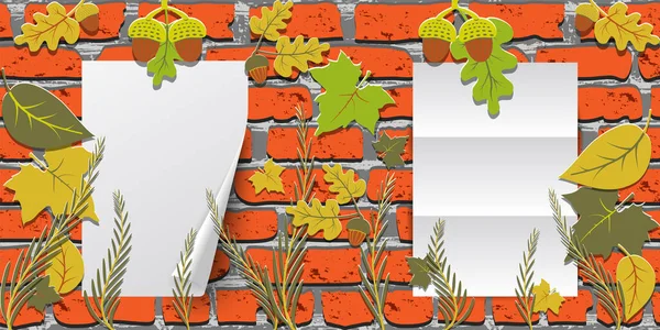 Två pappersark hängande på en röd tegelvägg. Horisontell höst bakgrund med blad och ekollon. — Stock vektor