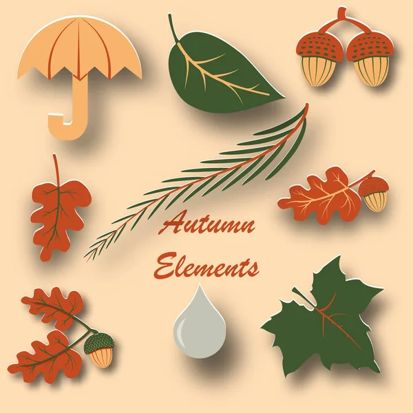 Höstens designelement. Ek, lönn och andra blad och ekollon. Paraply och droppe. — Stock vektor