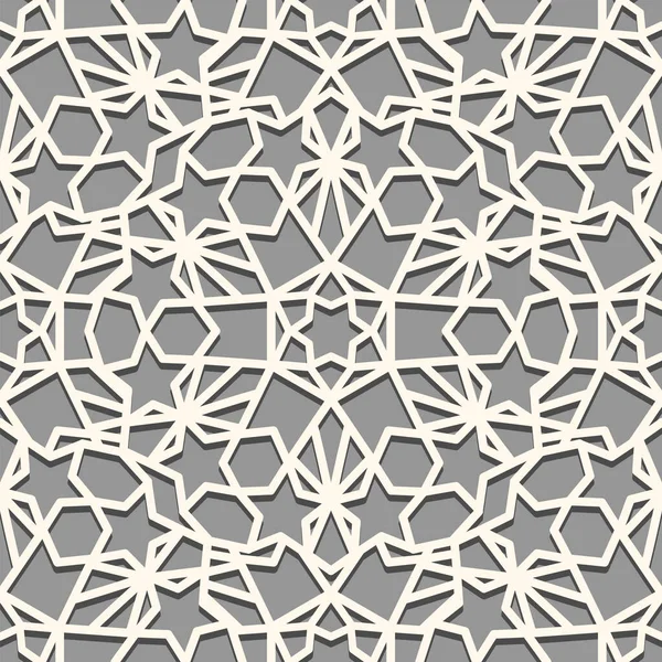 Patrón de azulejos sin costura motivo árabe. Fondo geométrico simétrico del ornamento musulmán. Blanco sobre la paleta de colores gris — Vector de stock