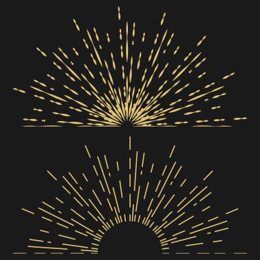 Siyah zemin üzerinde yarım daire şeklinde altın renkli güneş ışınları. Gün doğumu. Tasarım şablonu. Vektör illüstrasyonu.