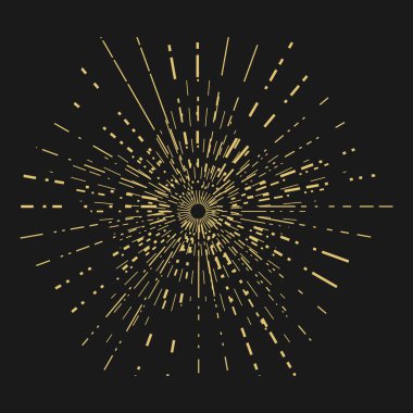 Siyah zemin üzerinde yıldız şeklinde altın rengi güneş ışınları. Tasarım şablonu. Vektör illüstrasyonu.