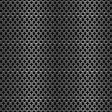 Delinmiş pürüzsüz metal dokusu. Parlak desenli, delikli çelik yüzey. Arka plan için karanlık endüstriyel arka plan. Vektör illüstrasyonu.