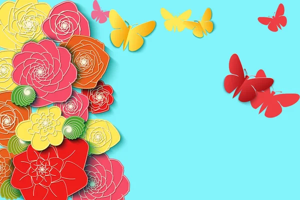 Grande Carte Vente Printanière Avec Fleurs Papier Découpé Papillons Modèle — Image vectorielle