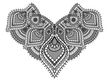 Siyah köşe dantel tasarımı. Beyaz arka planda izole edilmiş çiçekli eski dantel desenli bir süs. Hint tarzında çiçek elementleri. Vektör illüstrasyonu.