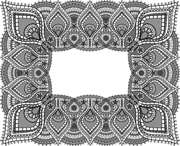 矩形花边框架的设计 黑色多丽织物和旧花边佩斯利装饰与花卉隔离的白色背景 印度风格的花卉元素 矢量说明 — 图库矢量图片