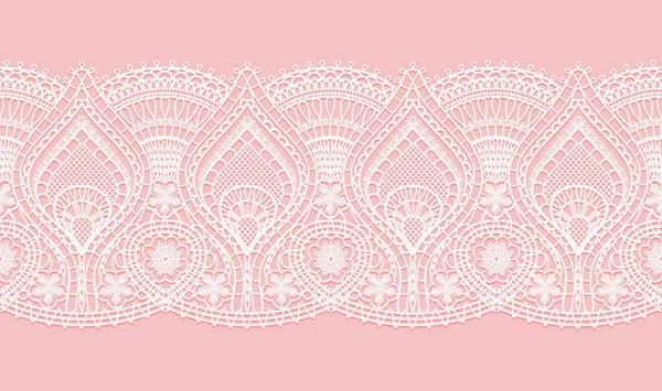 摘要纺织品粉红背景上的白色花边纹理图案 水平无缝缎带 用纱线或细线制成的折叠式薄织物 象牙色的花边布 矢量说明 — 图库矢量图片