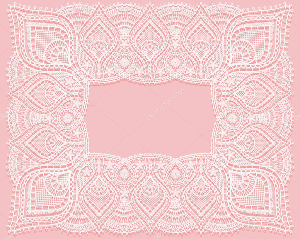 Lace Rectangle frame with lacy corner pattern. Cutout paper ornament or template for laser cutting. Elegant decor for wedding invitation or name place card design. Vector illustration