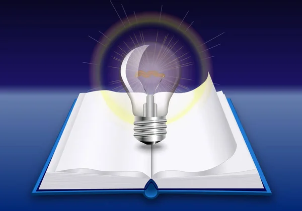 Open Book Bright Glowing Light Bulb Blue Background Education Idea — Stock Vector