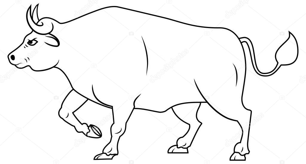 Line drawing of Simple bull. Buffalo with the front leg raised for conservation national park or an agricultural farm logo identity. Silhouette of bull is a symbol of 2021 new year. Vector illustration.