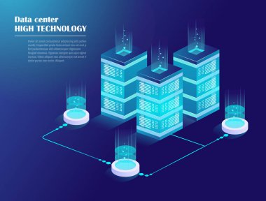 Web hosting ve büyük veri işleme, sunucu Oda raf. Veri Merkezi, bulut depolama teknolojisi. Enerji istasyonu kavramı. İzometrik vektör çizim. 
