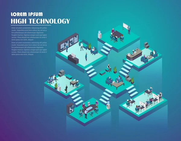 Geschäftsleute Arbeiten Zusammen Isometrisches Virtuelles Mehrstöckiges Bürozentrum Mit Abstraktem Schema — Stockvektor