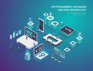 Cryptocurrency ve blockchain izometrik kompozisyon, sanal gerçeklik kavramı iş adamları ile artar. Akıllı şehir teknoloji. Açılış sayfası şablonu. İzometrik vektör çizim.