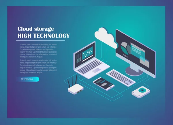 Fondo Concepto Almacenamiento Nube Computadora Laptop Smartphone Router Conexión Disco — Archivo Imágenes Vectoriales