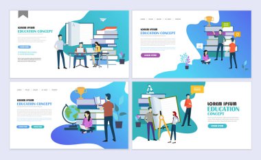 Açılış sayfaları şablon kümesi eğitim, online eğitim, e-öğrenme. Modern düz tasarım konsepti. Web sitesi ve mobil web sitesi için Web sayfası tasarımı. Düz vektör çizim.