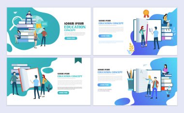 Şablonlar web sayfa tasarım kümesi. Eğitim, online eğitim, e-öğrenme modern düz tasarım konsepti. Web sitesi ve mobil web sitesi için Web sayfası tasarımı. Vektör çizim.