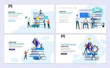 Açılış sayfaları şablon kümesi eğitim, online eğitim, e-öğrenme. Modern düz tasarım konsepti. Web sitesi ve mobil web sitesi için Web sayfası tasarımı. Düz vektör çizim.