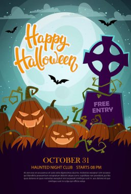 Halloween jack o fener, mezar ve dolunay arka plan. Cadılar Bayramı partisi el ilanı veya davet şablonu. Vektör çizim.