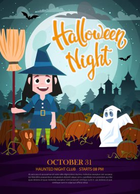 Vektör çizim Cadılar Bayramı partisi el ilanı. Cadılar Bayramı Partisi Davetiyesi cadı, hayalet ve jack o fener, dolunay ve perili ev.