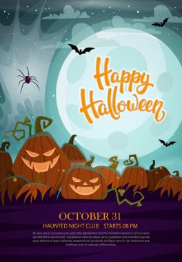 Vektör çizim Cadılar Bayramı partisi el ilanı. Cadılar Bayramı Partisi Davetiyesi pumpkins, jack o fener, dolunay ve örümcek net ile.