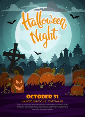 Halloween jack o fener, pumpkins, mezar ve dolunay ile arka plan. Cadılar Bayramı partisi el ilanı veya davet şablonu. Vektör çizim.