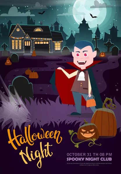 Fond Halloween Avec Vampire Maison Hantée Pleine Lune Flyer Modèle — Image vectorielle