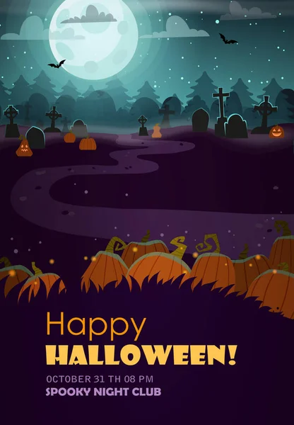 Fond Halloween Avec Citrouilles Cimetière Pleine Lune Flyer Modèle Invitation — Image vectorielle