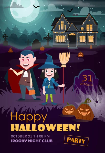 Halloween Fond Avec Sorcière Vampire Maison Hantée Pleine Lune Flyer — Image vectorielle