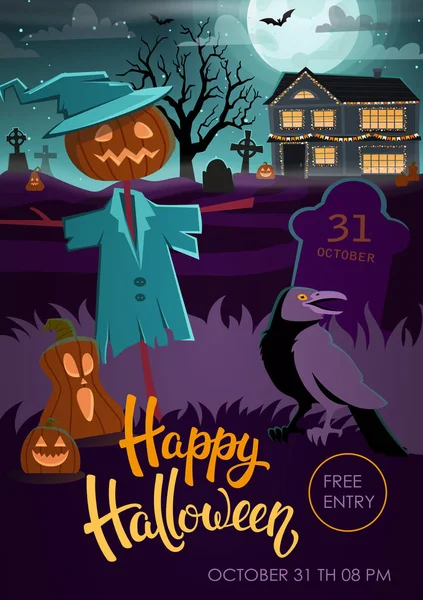 Illustration Vectorielle Halloween Party Flyer Invitation Fête Halloween Avec Épouvantail — Image vectorielle