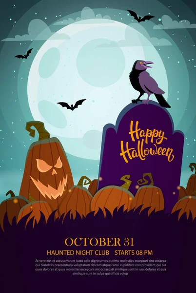 Fondo Halloween Con Jack Linterna Tumba Cuervo Luna Llena Folleto — Vector de stock