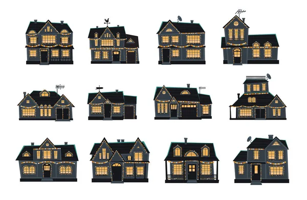 Conjunto Casa Embrujada Halloween Aislado Sobre Fondo Blanco Ilustración Vectorial — Vector de stock