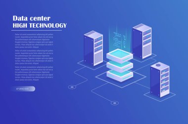 Web hosting ve büyük veri işleme, sunucu Oda raf. Veri Merkezi, bulut depolama teknolojisi. Enerji istasyonu kavramı. İzometrik vektör çizim. 