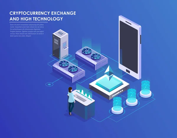 Cryptocurrency Blockchain Isometrische Samenstelling Met Business Manager Analist Bij Werk — Stockvector