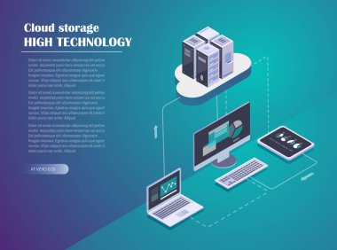 Bulut Hosting ağ izometrik kavramı. Online bilgisayar depolama kavramı. Bilgisayar, dizüstü bilgisayar, tablet bağlantı mavi zemin üzerine. Açılış sayfası için tasarım. Vektör çizim