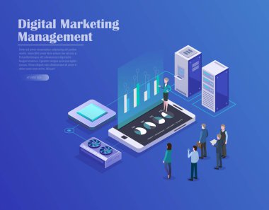 Giriş istatistik verileri, mobil banka, finansal işlem, iş planlaması. Smartphone, Grup izometrik vektör çalışma sunucu raf, veri merkezi salonunda businessmans.