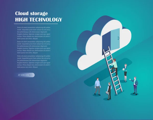 Cloud Hosting Concept Isométrique Réseau Avec Les Gens Affaires Conception — Image vectorielle