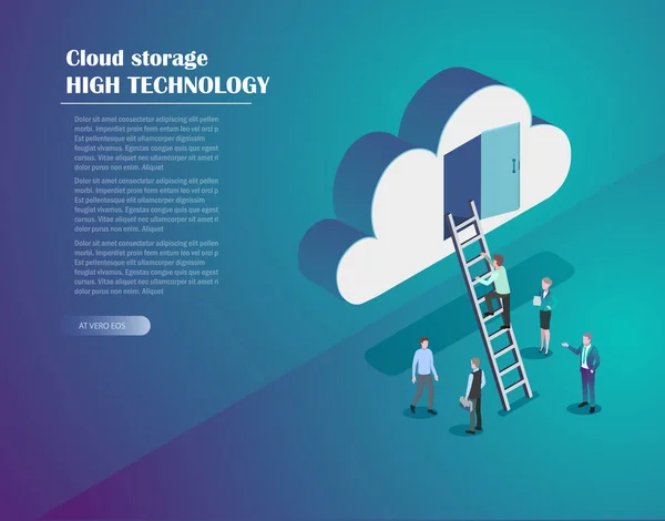 クラウド ビジネスの方々 とホストのネットワーク等尺性の概念 ランディング ページのデザイン ベクトル図 — ストックベクタ