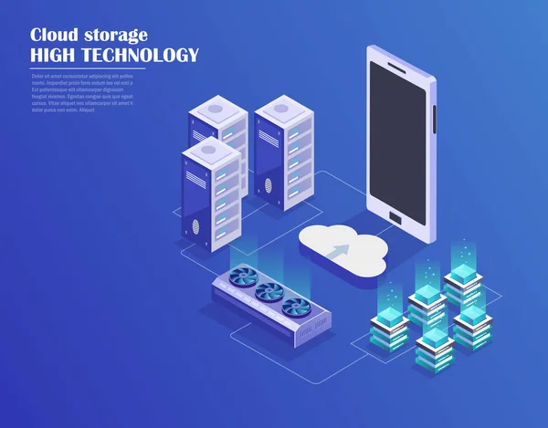 Cloud Hosting Nätverk Isometrisk Konceptet Online Computing Lagring Koncept Smartphone — Stock vektor