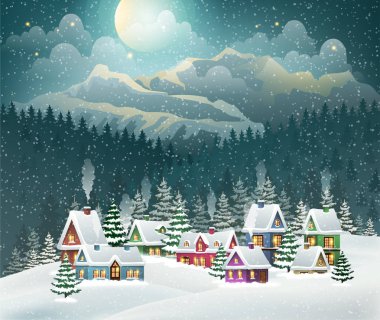 Köy kış manzarası kar ile akşam evleri ve dağların kaplı. Noel tatil vektör çizim