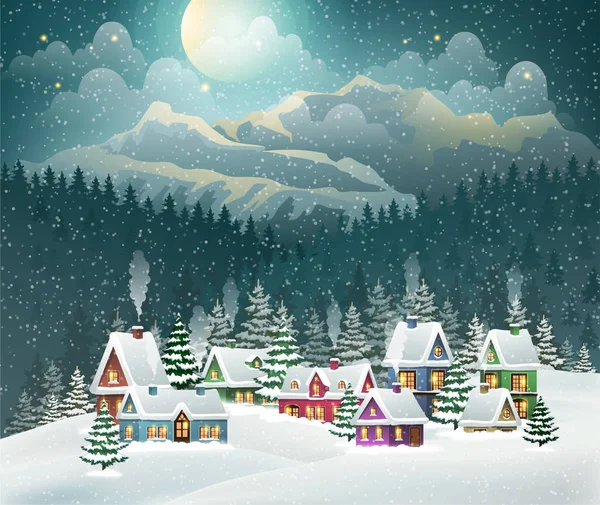 Abenddorf Winterlandschaft Mit Schneebedeckten Häusern Und Bergen Weihnachtsferien Vektor Illustration — Stockvektor