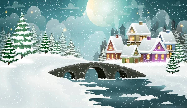 Paysage Hivernal Nocturne Ville Avec Des Maisons Couvertes Neige Pont — Image vectorielle