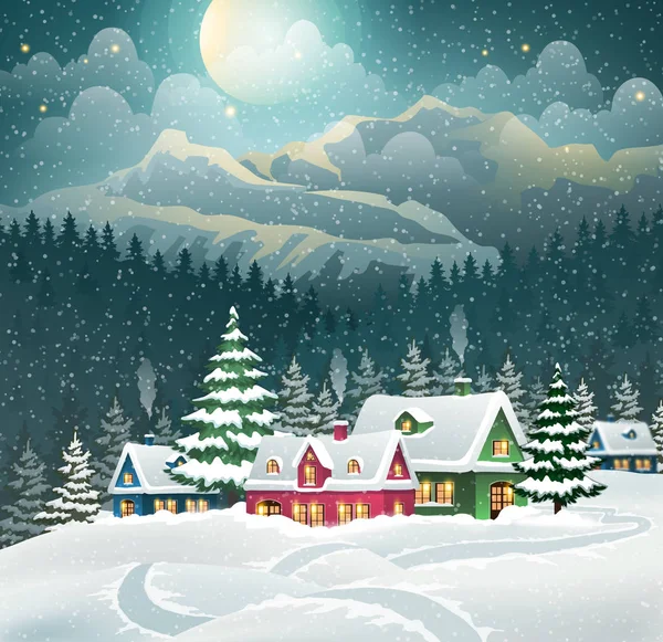 Avond Dorp Winterlandschap Met Sneeuw Bedekt Huizen Bergen Kerst Vakantie — Stockvector